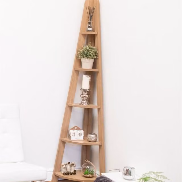 Timber Art Design Riva 5 Tier Scandinavian Retro Corner Ladder Bookcase in Light Oak