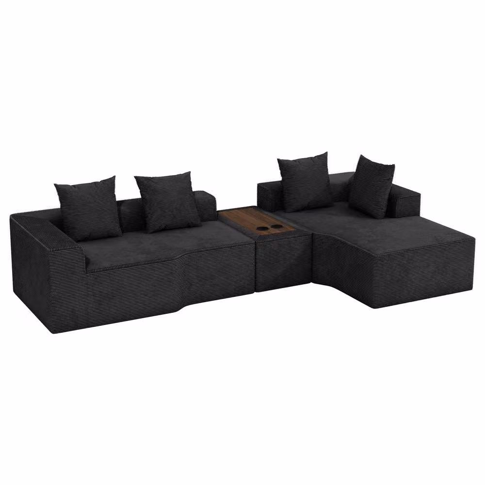 Dprodo Black Corduroy Right L-Shaped Modular Sofa with Cup Holder Table and Scatter Cushions, Width: 320 cm – 8