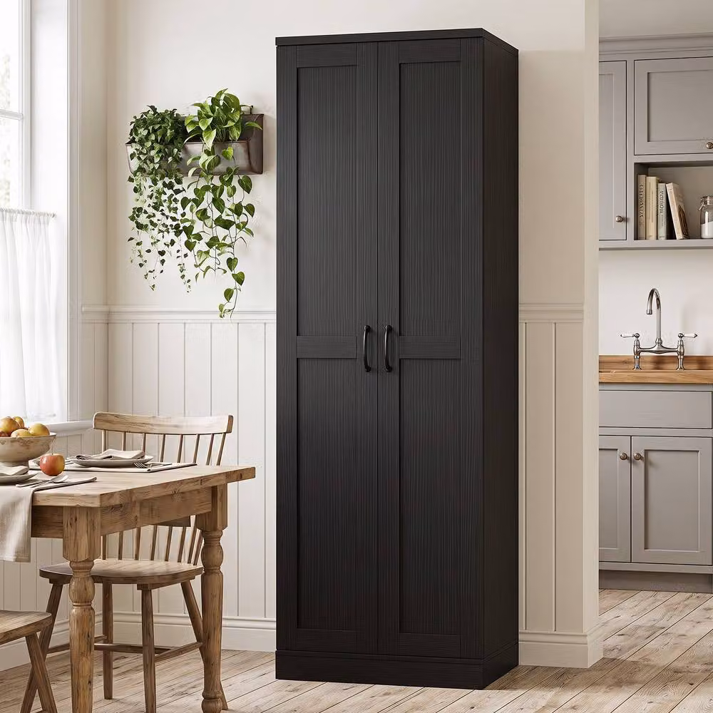 Costway Tall Freestanding Storage Cabinet with Hinged Doors and Internal Shelves in Matt Black – 4