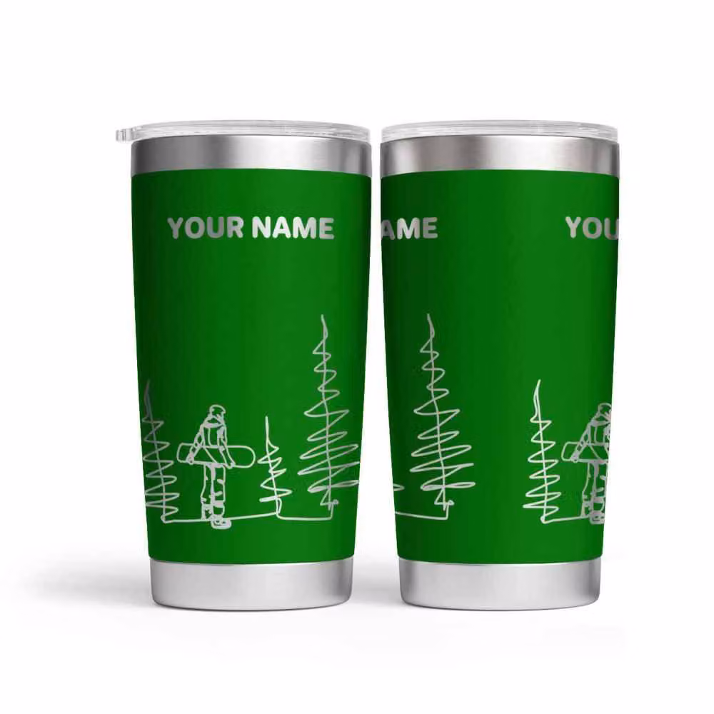 Bad Zebedee Personalised Snowboarder Engraved Thermal Tumbler in Green, 500ml – 2