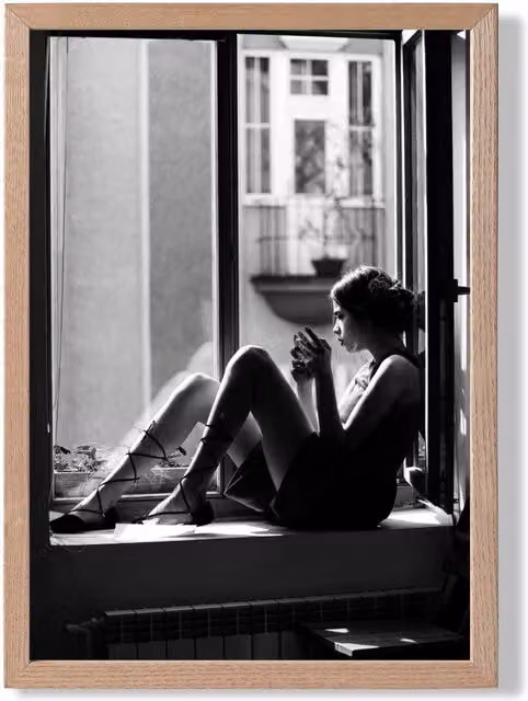 ARTZE Girl in Window Black and White Photo Framed Print with Oak Frame, A2