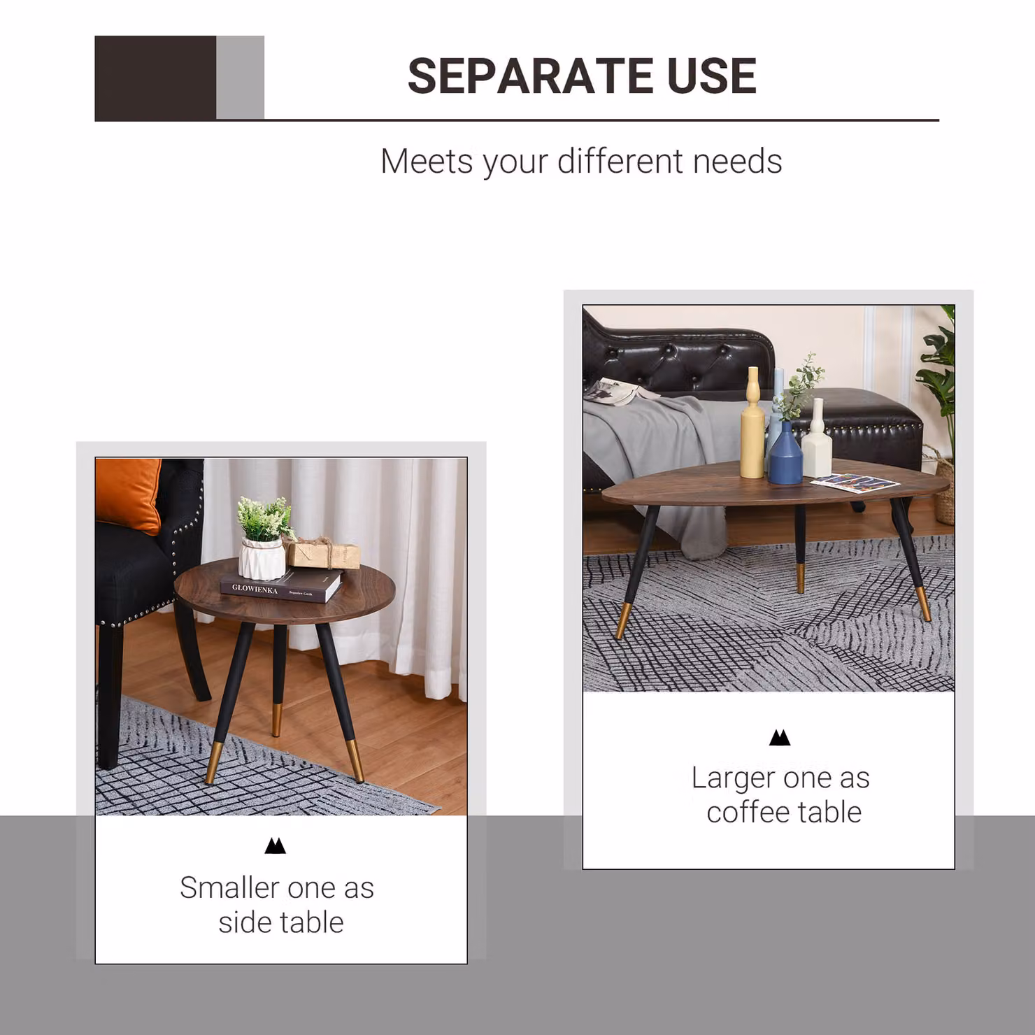 HOMCOM Vintage Nesting Tables, Set of 2, Brown and Gold Round Side Tables for Living Room or Home Office – 5