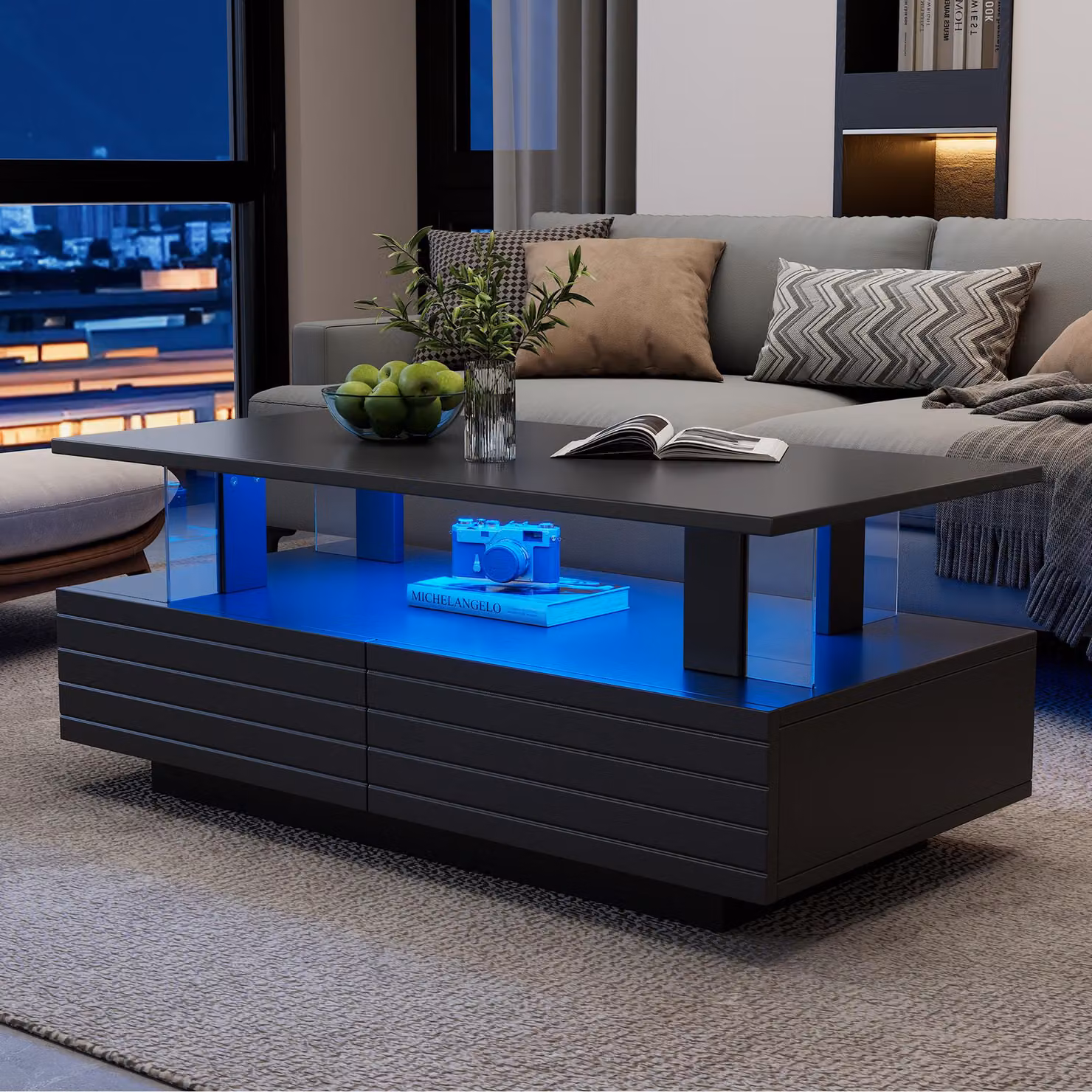 Aosom UK Modern Black Coffee Table with App-Controlled LED, 2 Drawers and Open Storage, W: 100 cm, D: 50 cm, H: 42.5 cm – 5