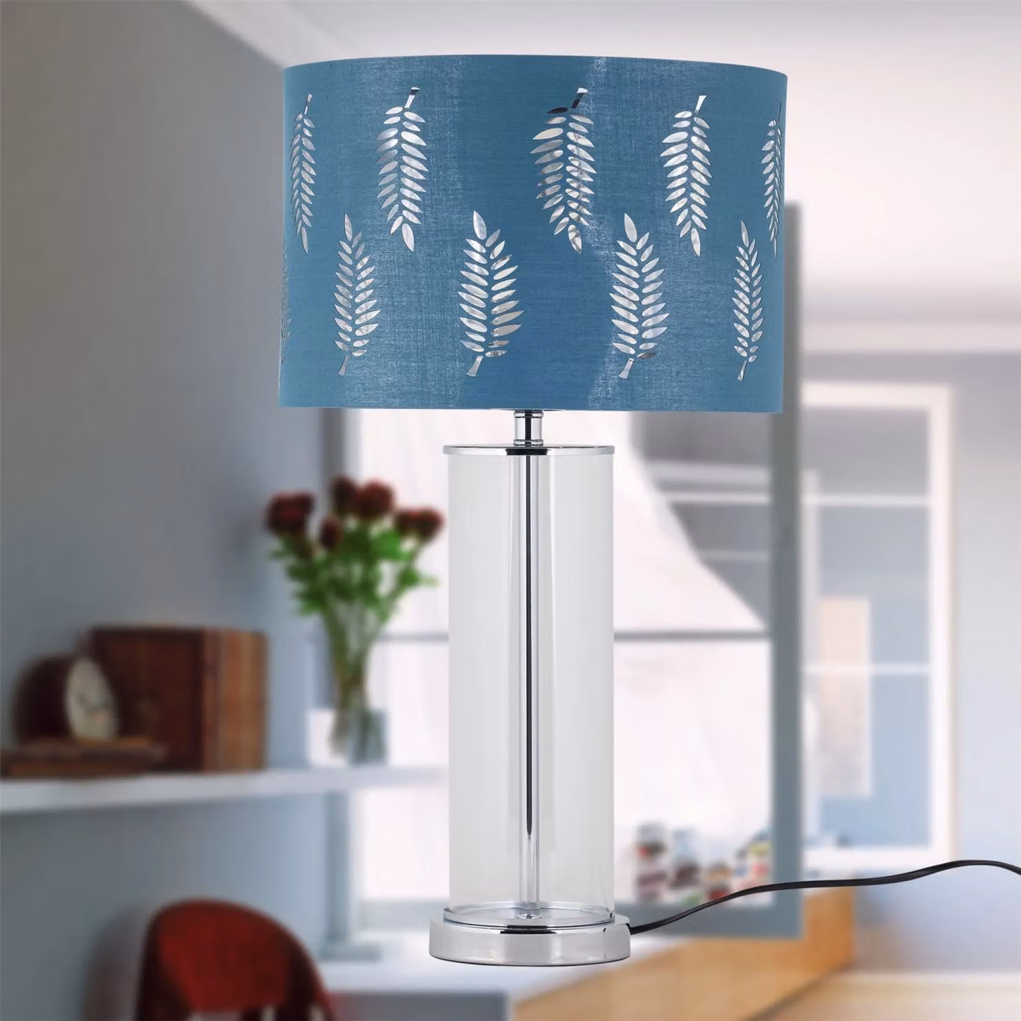 First Choice Lighting Aura Set of 2 Chrome Table Lamps with Teal Fern Cut Out Shades in Silver – 5