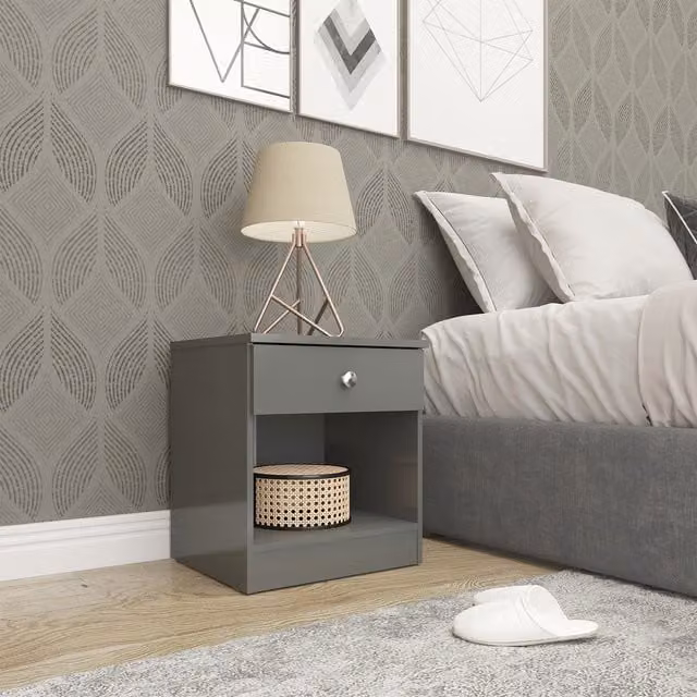 Seconique Denver 1 Drawer Bedside Table in Grey Gloss