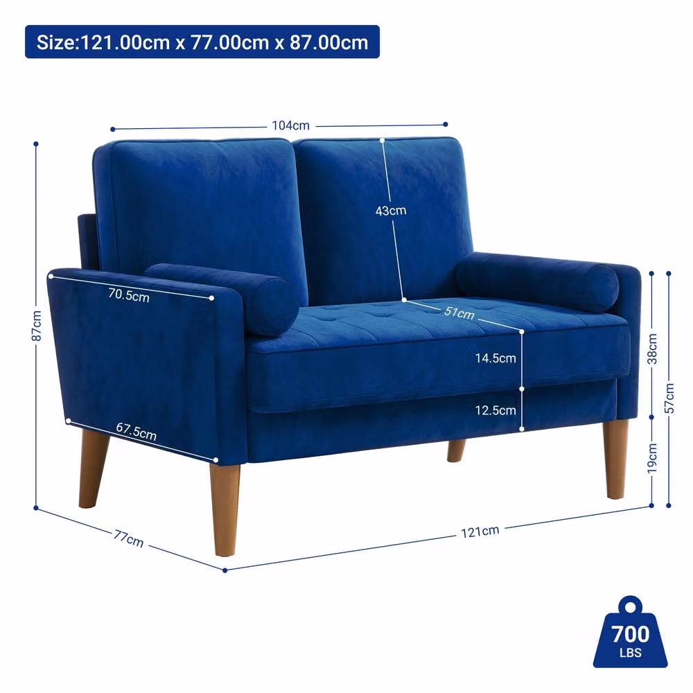 Dprodo Blue Velvet Mid-Century Love Seat Couch with 2 Scatter Cushions, Width: 121 cm – 4