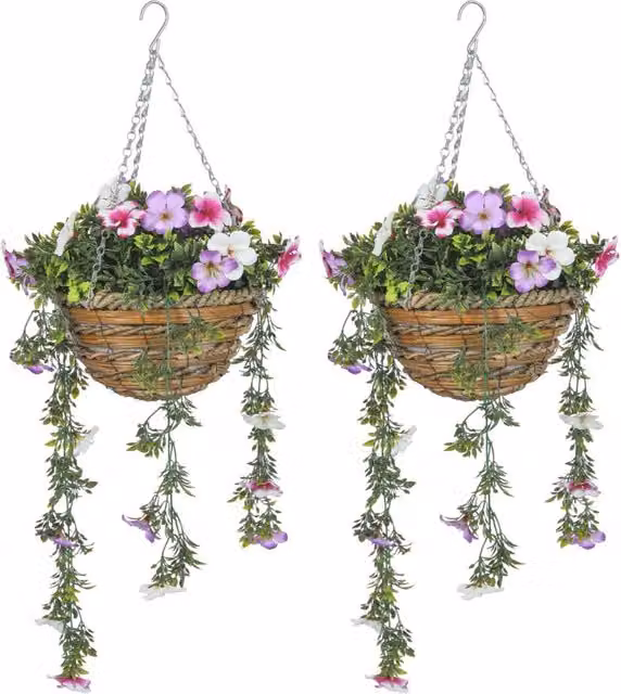 Dyzi Set of Two Round Hanging Azalea Baskets in Purple and Pink
