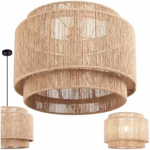 tectake Boho Style Jute Pendant Light in Beige and Brown with Metal Frame, Height Adjustable Suspended Ceiling Lamp for Living Room and Bedroom, Ø 46 x 32 cm – 1