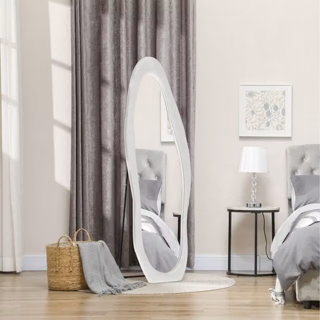 HOMCOM Irregular Wavy Full Length Mirror with White Velvet Frame