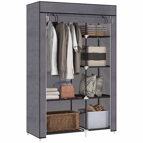 HOMCOM Fabric Wardrobe with Hanging Rod and Internal Shelves, Grey, W/D/H: 103 x 43 x 162.5 cm – 1