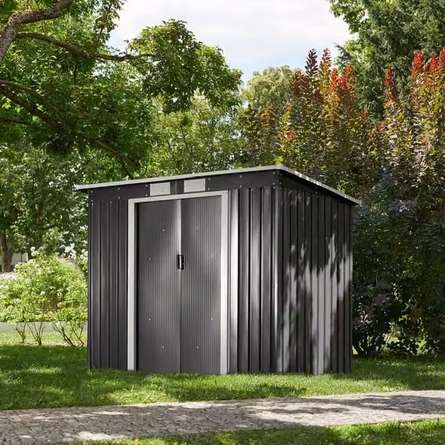 tectake Modern Pent Shed with Slanted Roof and Sliding Doors in Grey and White Galvanised Steel