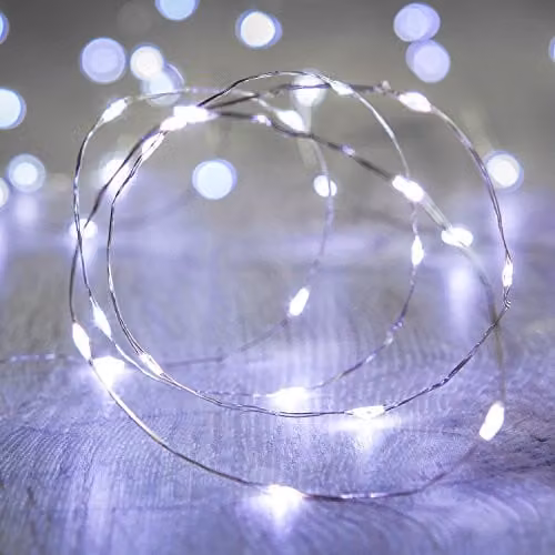 Lights4fun Indoor Fairy String Lights with 50 Cool White Micro LEDs on Silver Wire, Battery Operated, 4.95m – 1