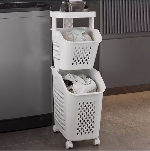 Living and Home 3-Tier Plastic Laundry Hamper Storage Rack with Casters in Grey and White – 1