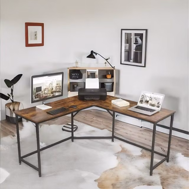 Furnold Industrial Rustic L-Shaped Corner Computer Desk in Brown