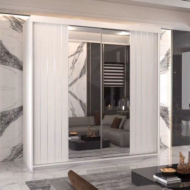 MN Furniture Merida White Sliding Wardrobe with Mirror and Integrated LED Lighting W/H: 150 x 217 cm