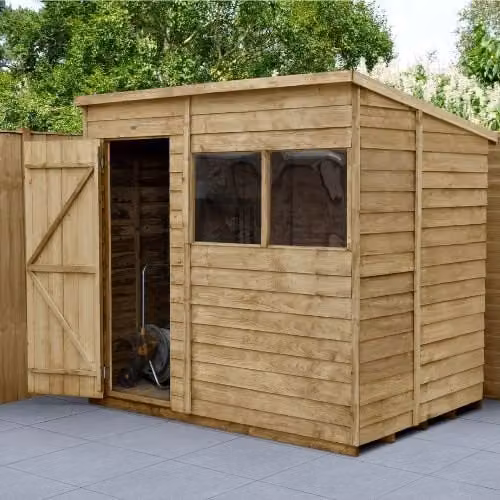 Forest Garden Pent Overlap Wooden Garden Shed in Green and Brown, W: 213.36 cm, D: 213.36 cm, H: 190 cm (approximate based on provided data)

Wait, looking at the provided JSON data specifically:
- Brand: Forest Garden
- Type: Pent Overlap Shed
- Colour: 