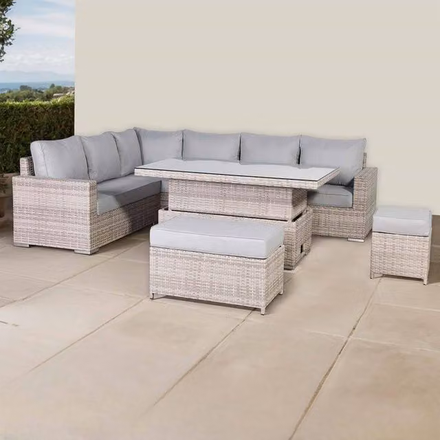 Furnishings For Less UK Rattan Corner Garden Sofa Set with Rising Table in Grey