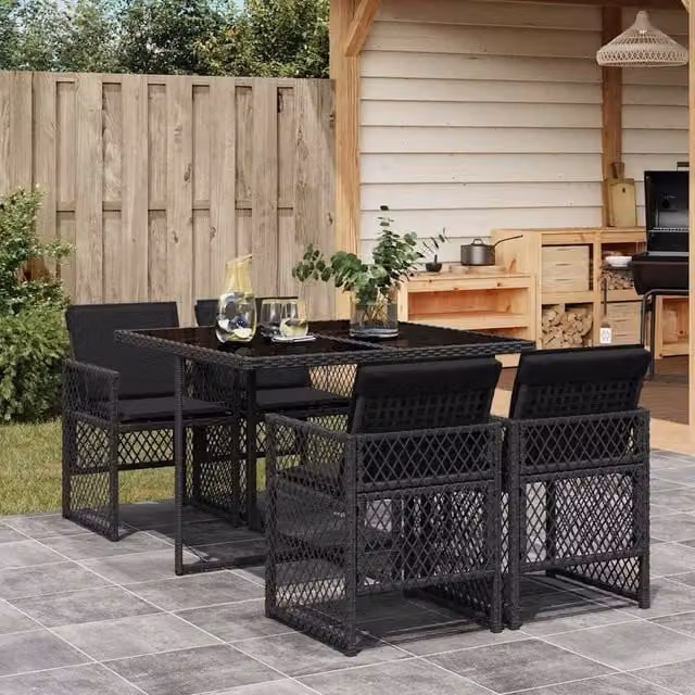Berkfield Home 5 Piece Black Poly Rattan Garden Dining Set with Cushions