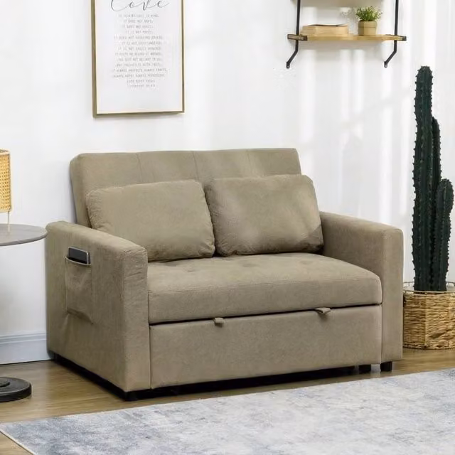 STILVORA Taupe Velvet Sofa Bed with Solid Wood Frame, Adjustable Headrest and Pull Out Drawer – 1