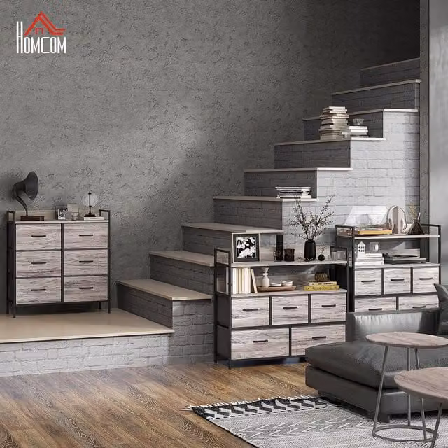 HOMCOM Grey Wood Effect Chest of Drawers with Open Shelves, W: 79 cm, H: 85 cm