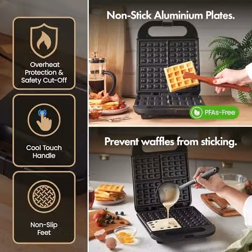 VonShef 1400W Large 4 Slice Waffle Maker with Non-Stick Plates in Black – 3