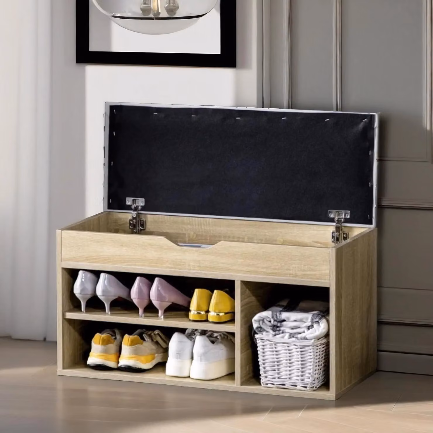 Pirlo Plush Industrial Shoe Storage Bench with Cushion Seat in Light Oak, W/D/H: 120 x 30 x 43 cm – 2