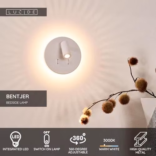 Lucide Bentjer Modern Adjustable LED Wall Light, White, Ø 14 cm – 2
