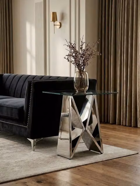 Orsina Modern Geometric End Table with Silver X-Frame and Transparent Glass Top, W/D/H: 55 x 55 x 55 cm – 2