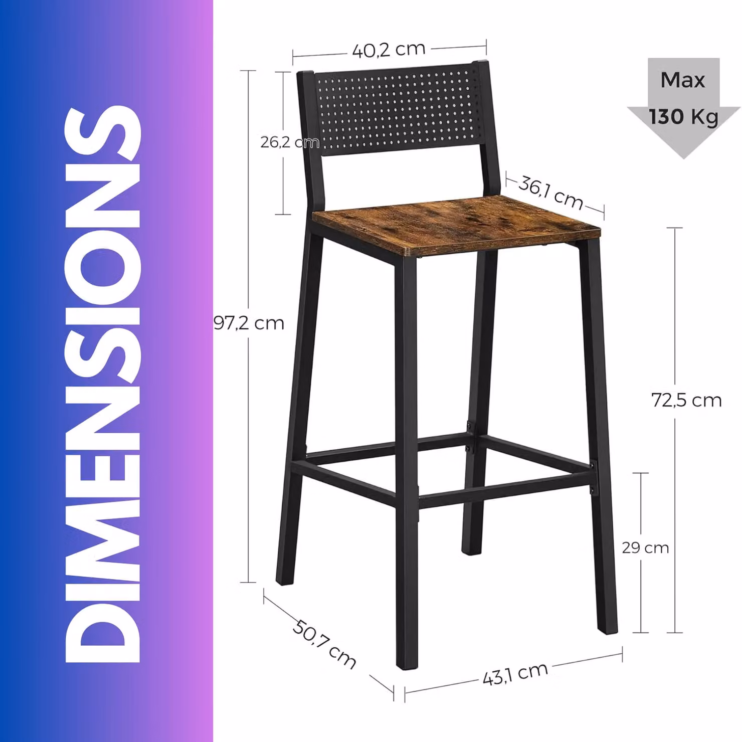 Rafaelo Mobilia Set of 2 Industrial Breakfast Bar Stools with Footrest and Backrest in Brown and Black – 3