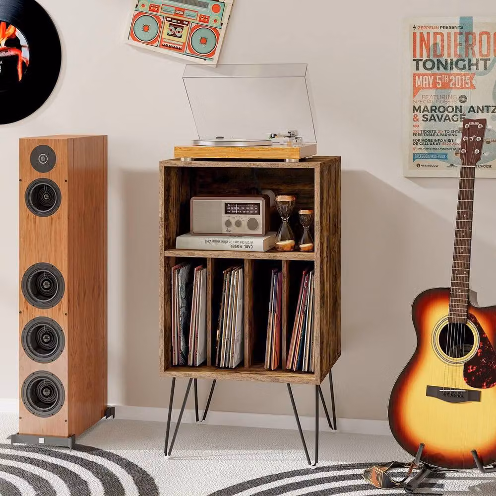 Costway 3-Tier Industrial Record Player Stand and Vinyl Storage Table in Brown – 3