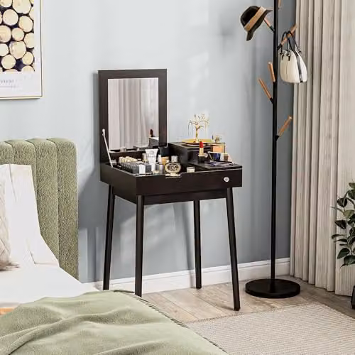HOMCOM Modern Black Dressing Table with Flip-up Mirror and 2 Drawers – 7