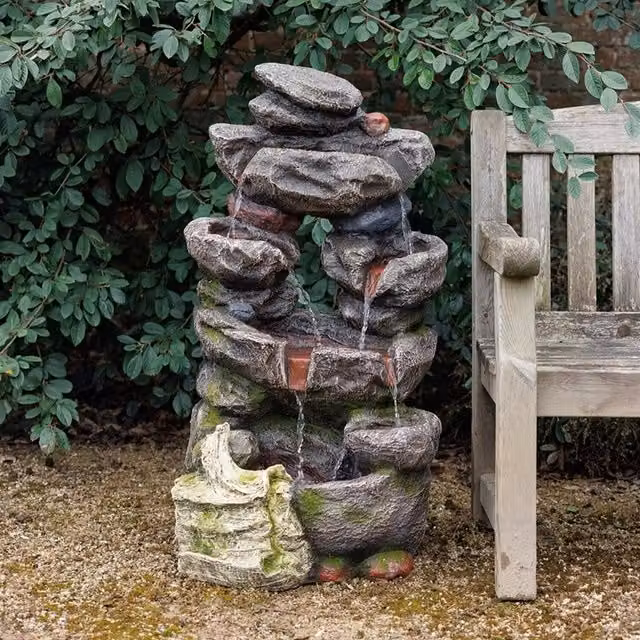 Primrose Weathered Rock Solar 3-Tier Cascading Water Feature with LED Lights in Grey