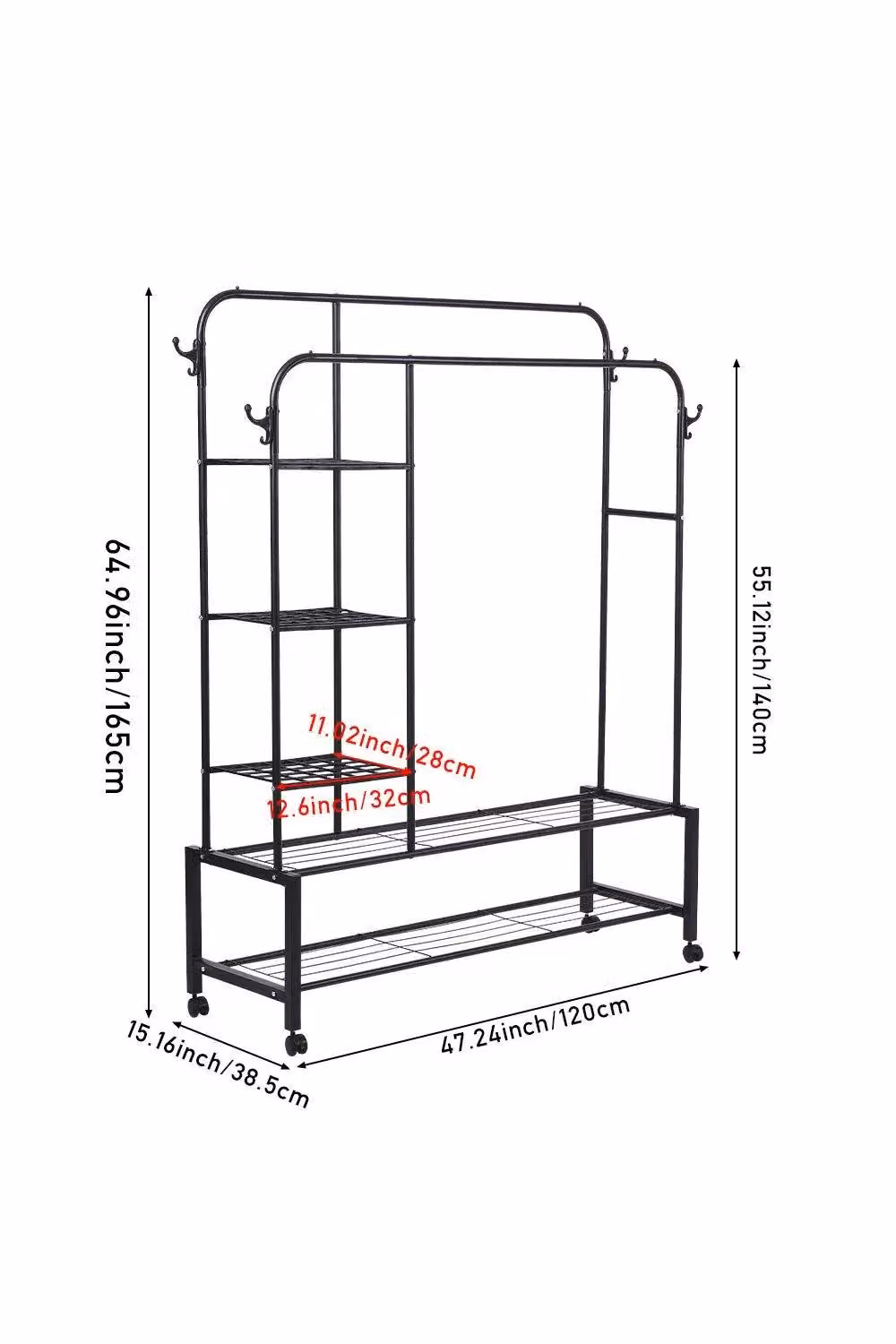 H&O Direct Metal Double-Rod Clothes Rail with Shelves and Wheels in Matt Black, H 165 cm x W 120 cm – 3