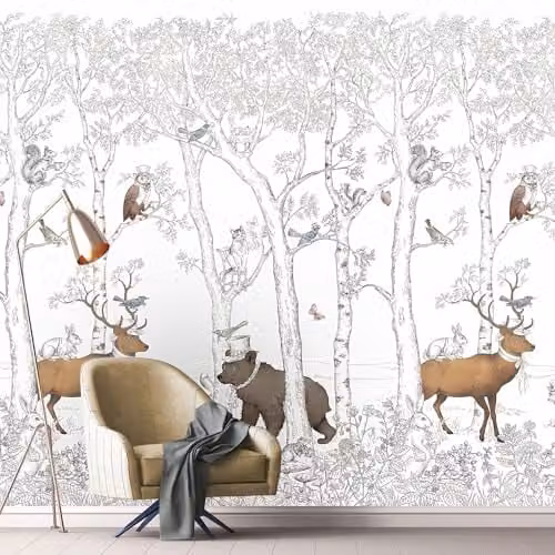Grandeco Wonderland Forest Trees and Animals Repeatable Nursery Mural Wallpaper, White, W: 212 cm x H: 280 cm