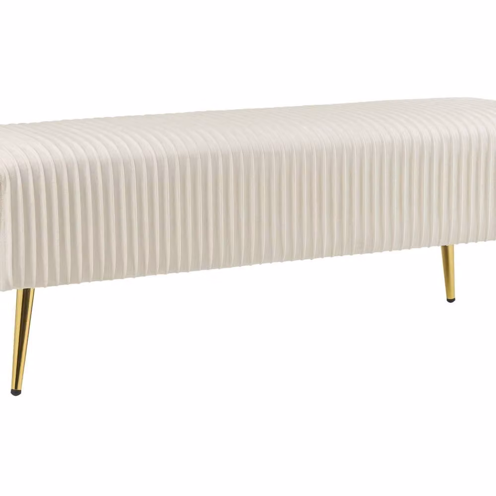 Wyld and Coco Velvet Bench in White with Gold Metal Legs, W: 118 cm, D: 40 cm – 2