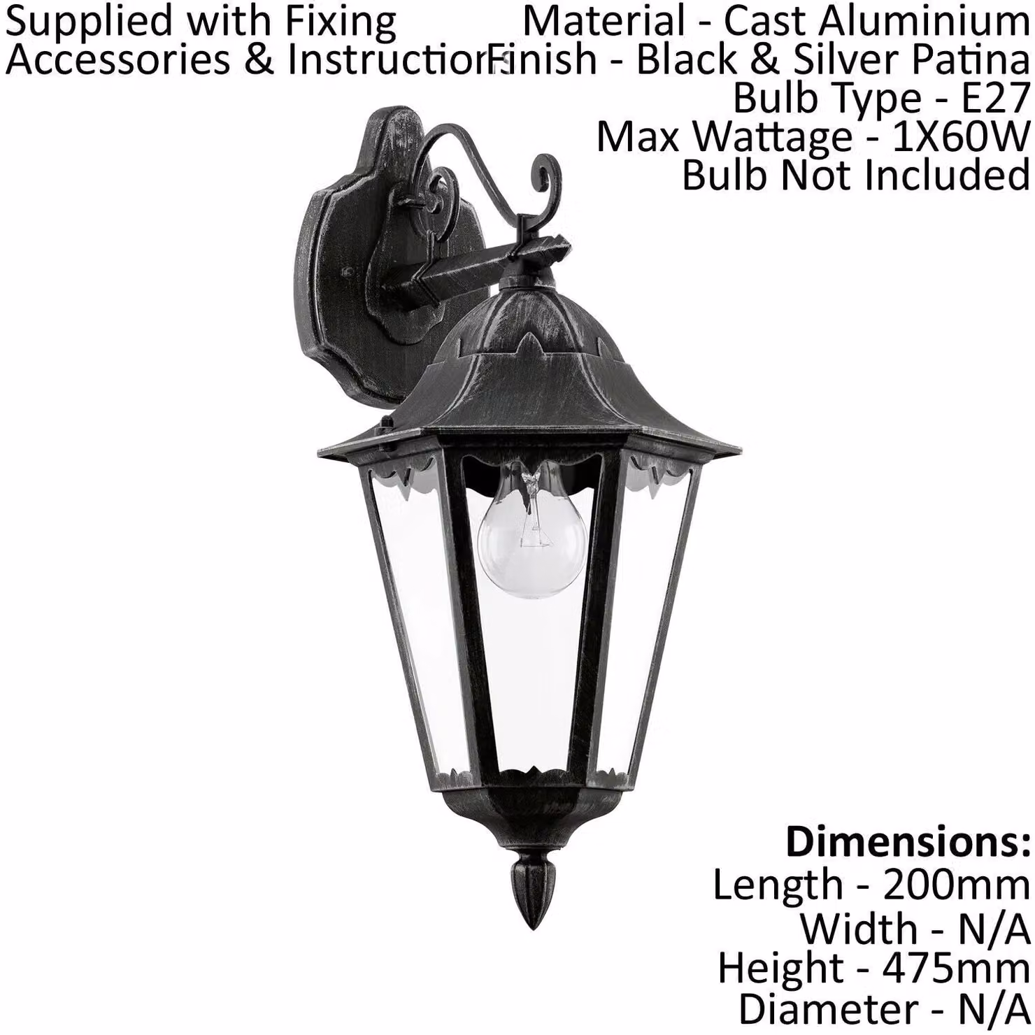 Loops 2 Pack IP44 Outdoor Wall Lanterns in Black and Silver Patina with Glass and Aluminium Housing, E27 60W Compatible – 2