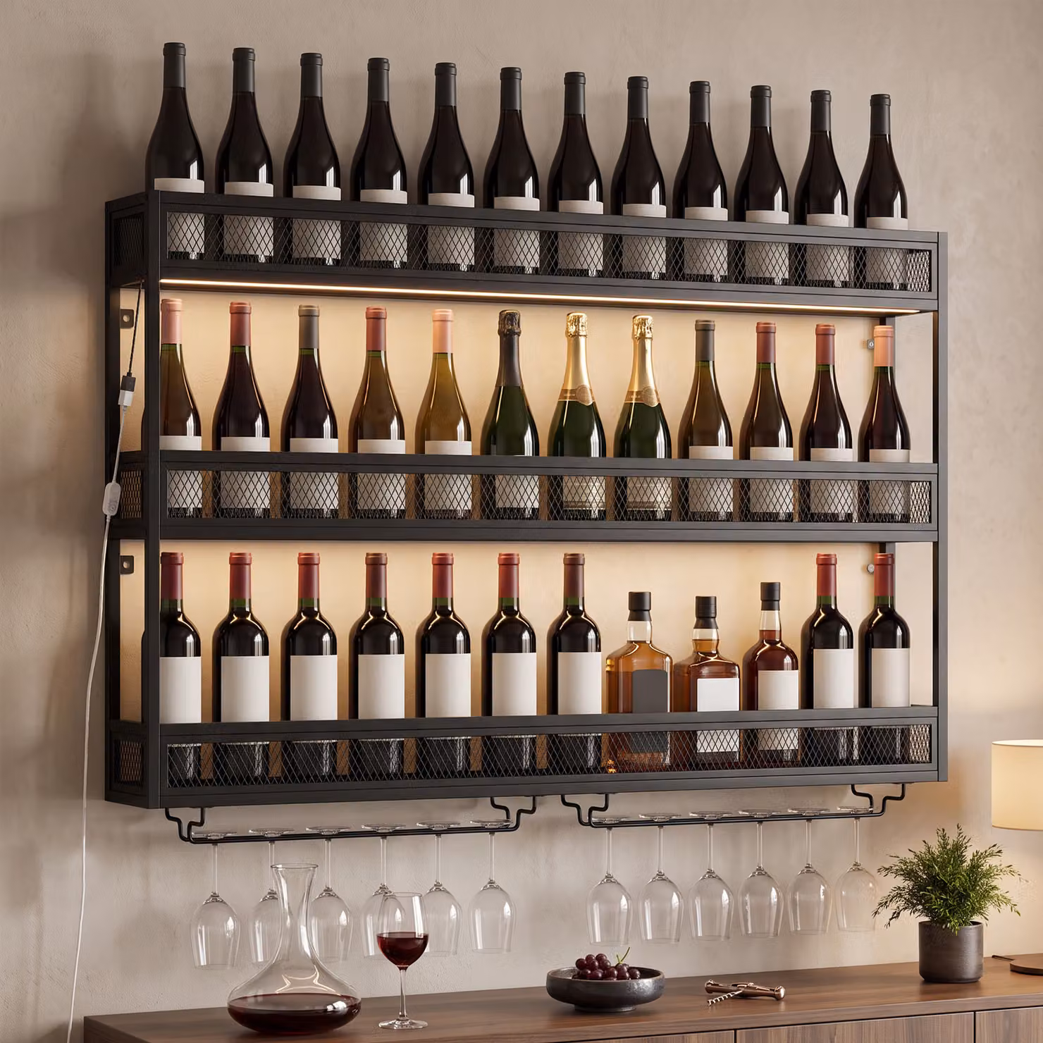 HOMCOM Wall-Mounted Metal Wine Rack with Integrated LED Lights and Glass Holders, Black – 8