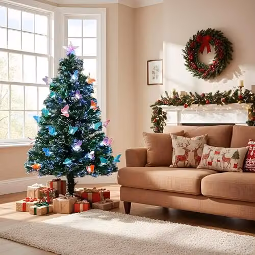 Shatchi 150 cm Green Fibre Optic Christmas Tree with Multicolour LED Butterfly Decorations and Star Topper – 6