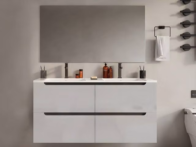 Vente-unique Wall-Mounted Modern Bathroom Furniture with Double Ceramic Inset Basins in White, W: 120 cm, D: 46 cm, H: 57 cm – 1