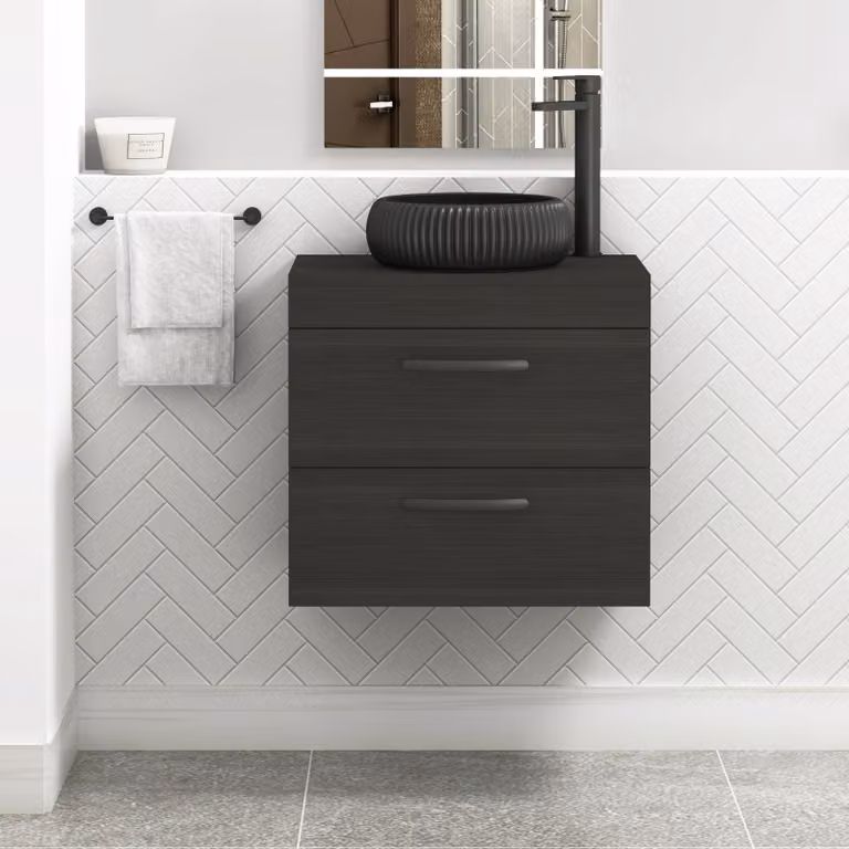 Royal Bathrooms Turin 600mm Wall Hung Vanity Unit with 2 Drawers in Charcoal Oak and Milan Black Countertop Basin