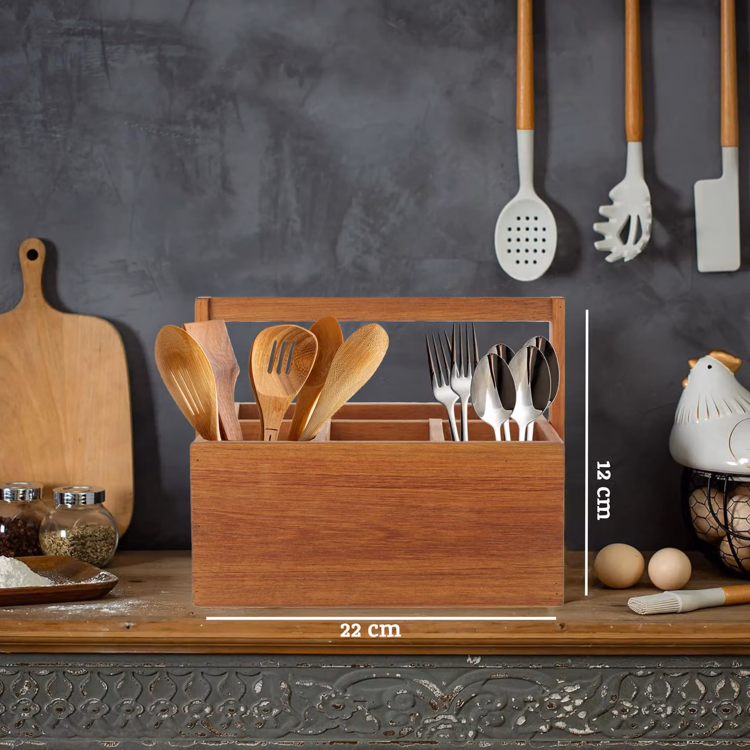 Orsina Robust Acacia Wood Cutlery Storage Caddy with Compartments, Brown, W/D/H: 22.0 x 18.0 x 1.0 cm – 3