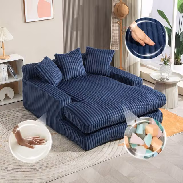 Matteo Oversized Soft Corduroy Chaise Lounge Sofa with Scatter Cushions in Blue