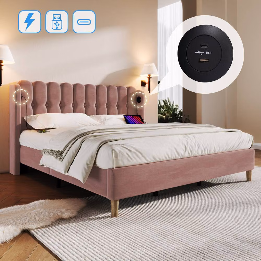 Matteo Pink Velvet Upholstered Double Bed with USB Charging Port, W: 135 cm x D: 190 cm – 5