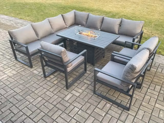 Fimous 9 Piece Aluminium Garden Furniture Corner Sofa Set with Cushions and Gas Fire Pit Dining Table in Dark Grey