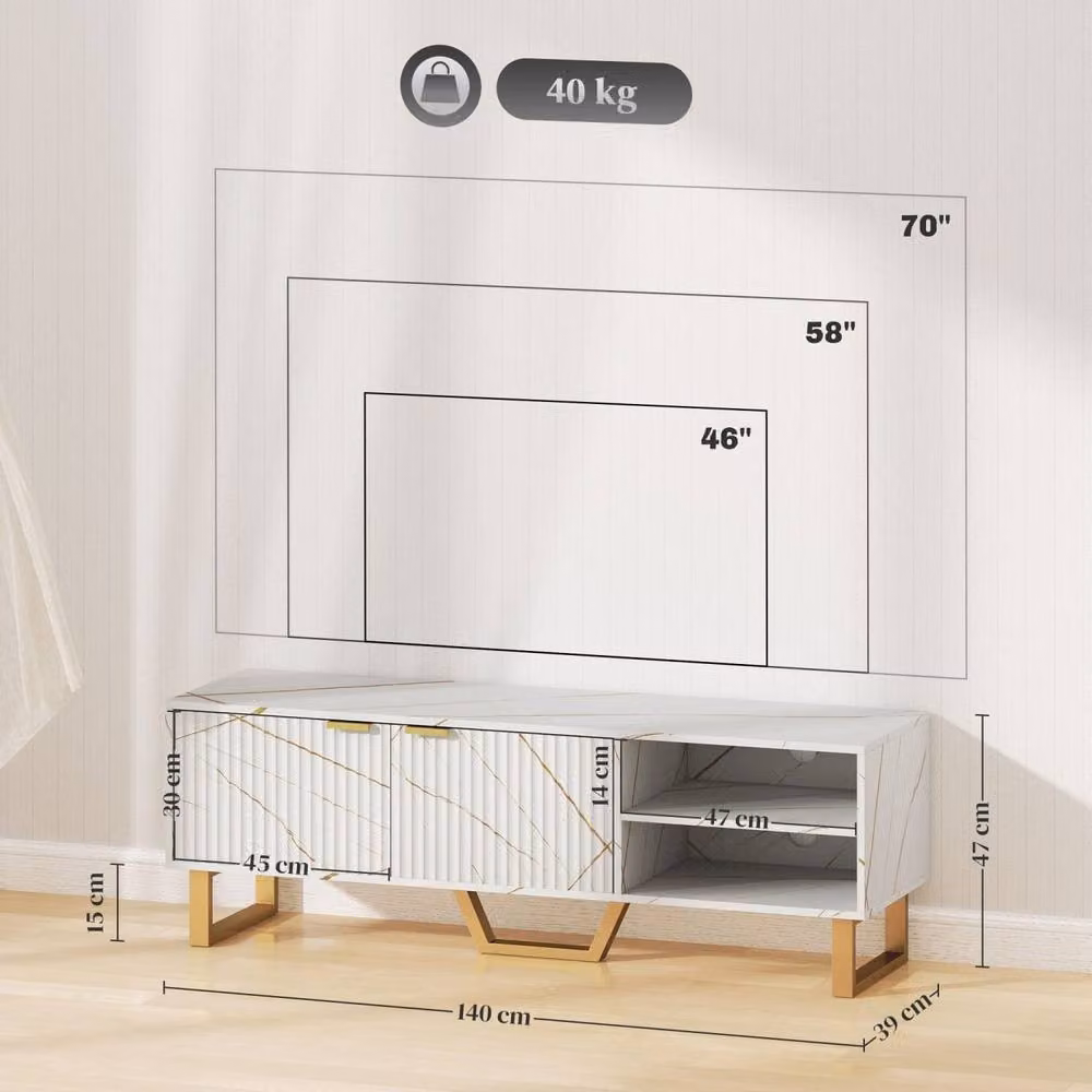 Wyld Haus Veriri TV Unit in White and Gold with Fluted Doors, Width: 140 cm – 4