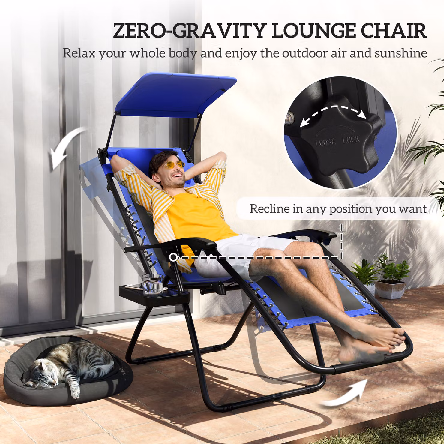 Outsunny Zero Gravity Lounger Chair in Blue with Sun Canopy, Adjustable Headrest, Cup Holders and Side Tray – 4