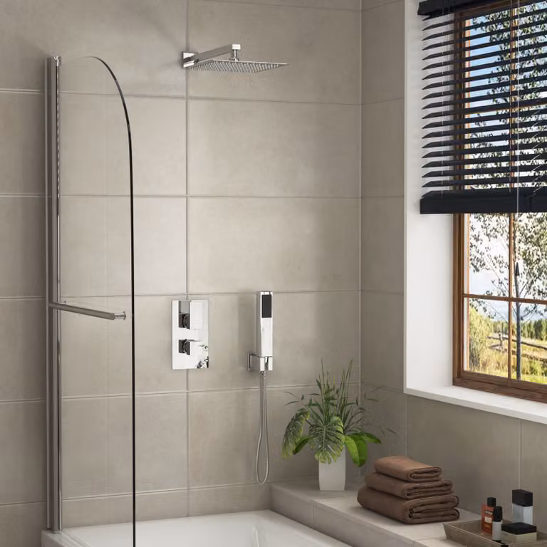 Royal Bathrooms Elegance Square Thermostatic Diverter Shower Mixer Set in Chrome with Wall Mounted Arm, Handset and Shower Head