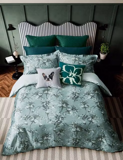Ted Baker Belmar Floral Cotton Mako Sateen Bedding Set, Mint Green, 200 x 200 cm