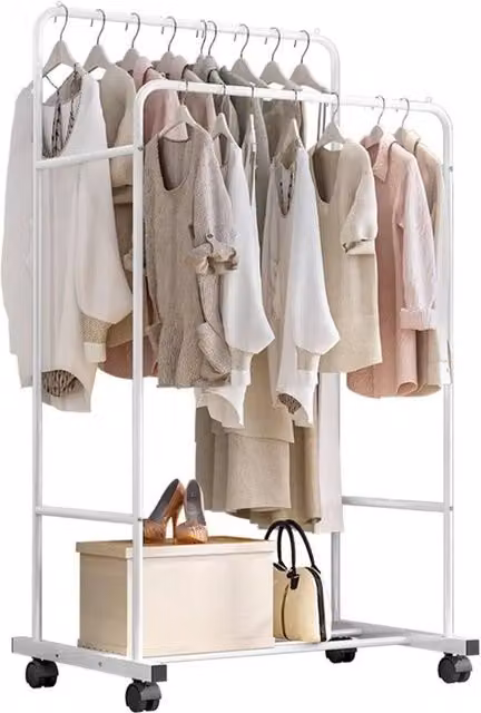 Havendro Heavy Duty Rolling Clothes Rack with 2 Top Rods and Lower Storage, White, W: 155 cm, D: 51 cm, H: 80.5 cm