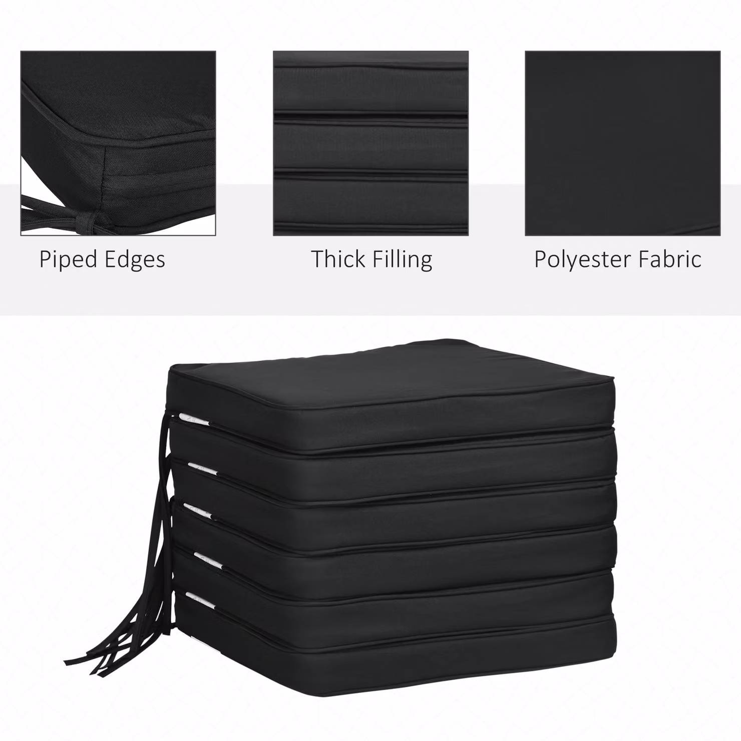 Outsunny Set of 6 Square Garden Chair Cushions with Ties in Black and Grey – 4